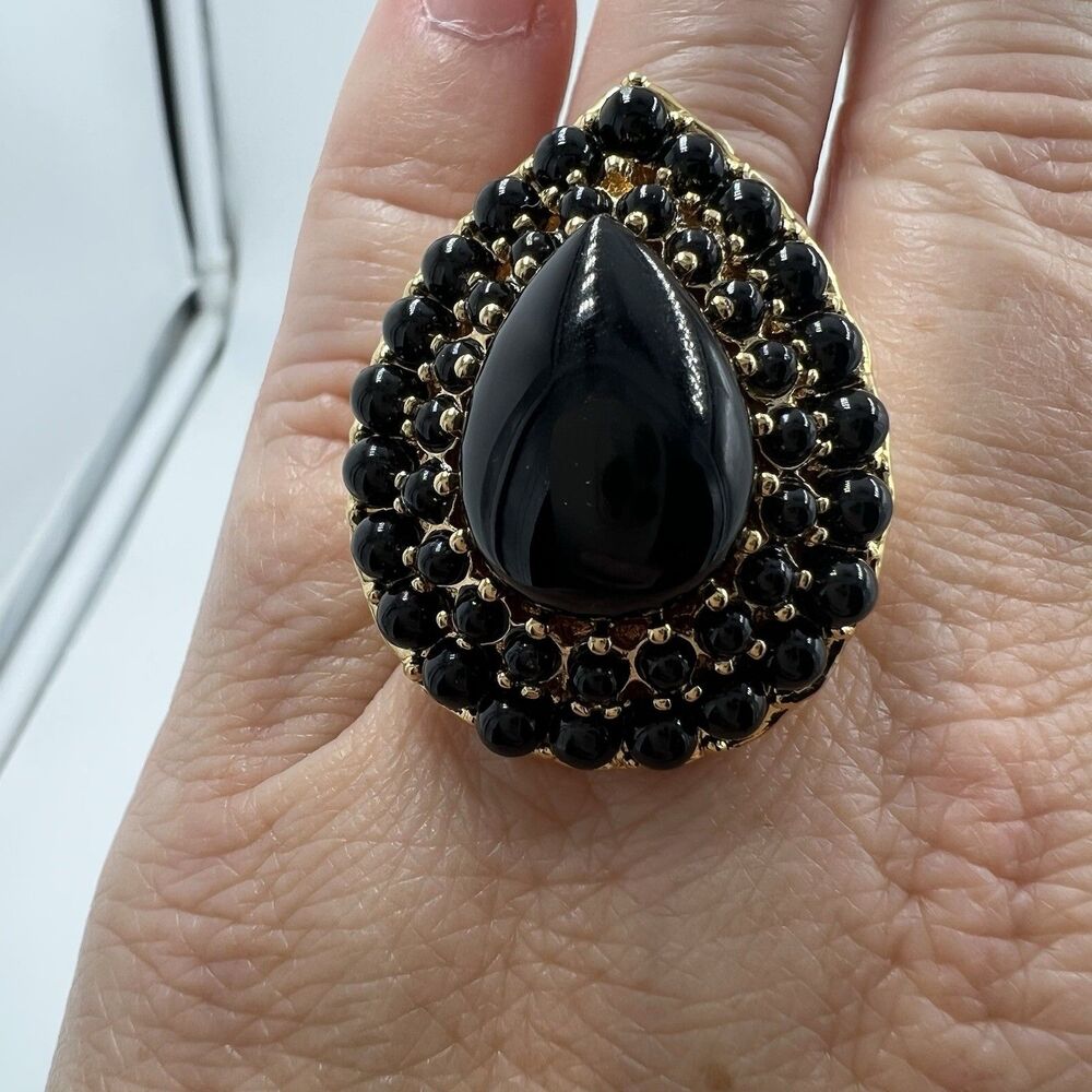 KJL Kenneth Jay Lane Gold-Plate Faux Black Onyx Tear Drop Statement Ring Sz 6